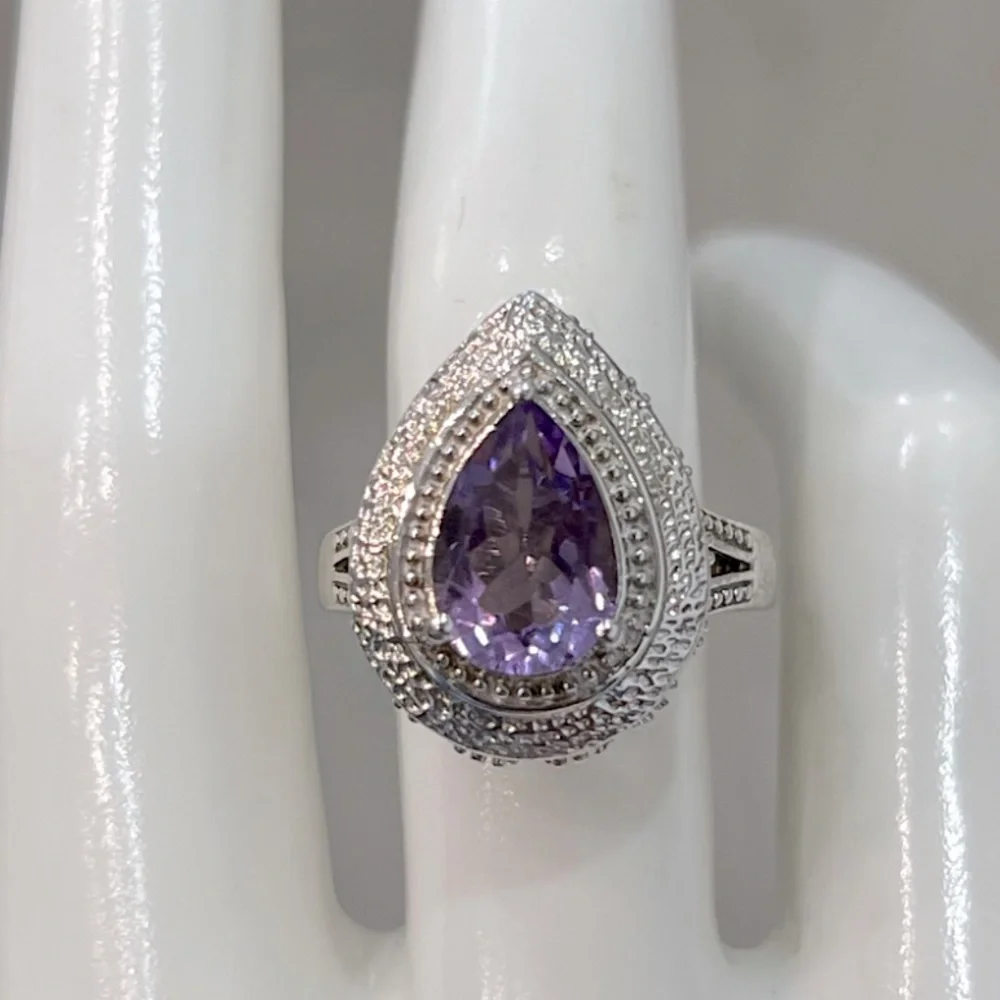 Rose de France Amethyst Pear Shaped Sterling Silver Ring Sz 8
